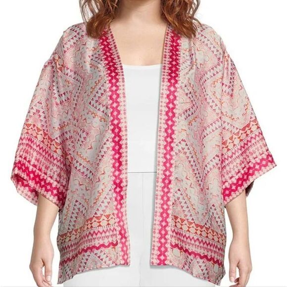 Slim Factor by Investments Plus Mosaic Tile Open Front Short Sleeve Kimono Pink - Picture 13 of 13